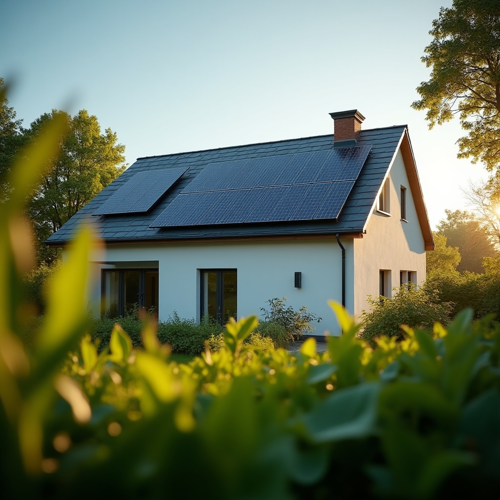 Casă cu panouri solare pe acoperiș și grădină verde